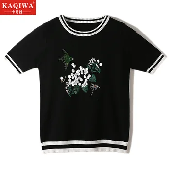 

2020 spring Autumn New Women's rural Embroidery Flower bird hand nail bead ice silk round neck short sleeve knitting Pullover