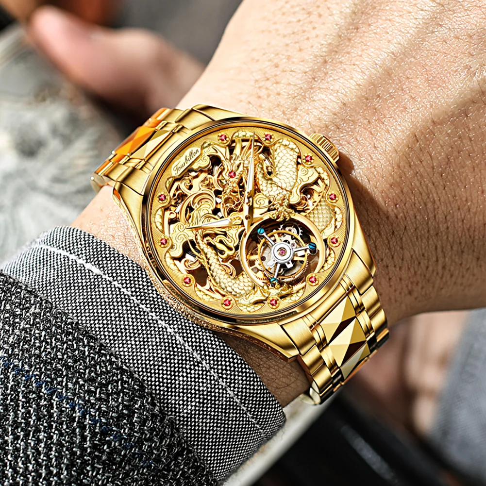 Oupinke Real Tourbillon Mechanical Skeleton Watch Gold Sapphire 