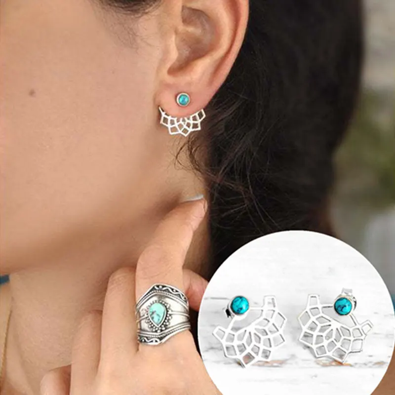 Bohemian Vintage Hollow Metal Lotus Opal Stud Earrings Antique Silver-color Woman's Detachable Handmade Jewelry stud earrings