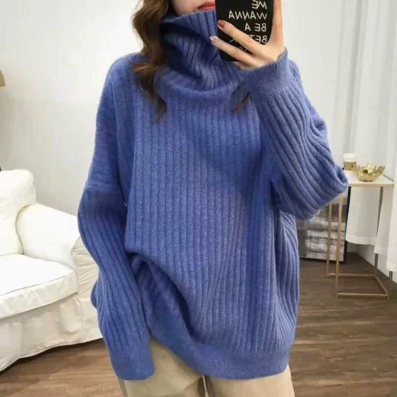 

2020 Autumn Winter Korean Solid Womens Turtleneck Sweaters Long Sleeve Loose Striped Female Colorful Knitted Pullover Sweaters
