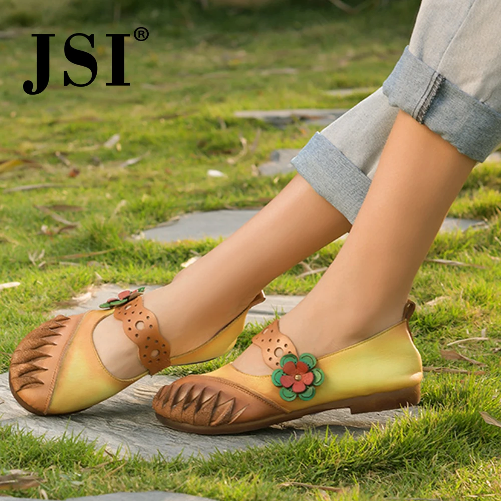 

JSI Patchwork Design Women Flats High Quality Sheepskin Sweet Flower Decoration Round Toe Shoes Comfortable Fashion Flats JE298