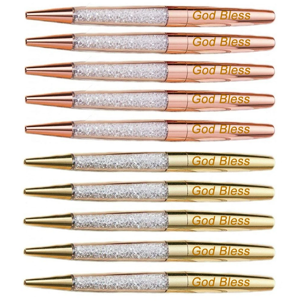 100 unids/lote bolígrafo de oro rosa diamante Bling plumas bien negro Tinta de bolígrafo boda anillo Metal de oficina de bolígrafo de regalo