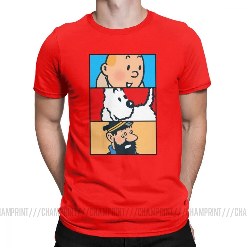 Футболка Tintin Milou Haddock The adventures Of Tintin для мужчин, хлопковая футболка с короткими рукавами, одежда 4XL 5XL 6XL - Цвет: Красный