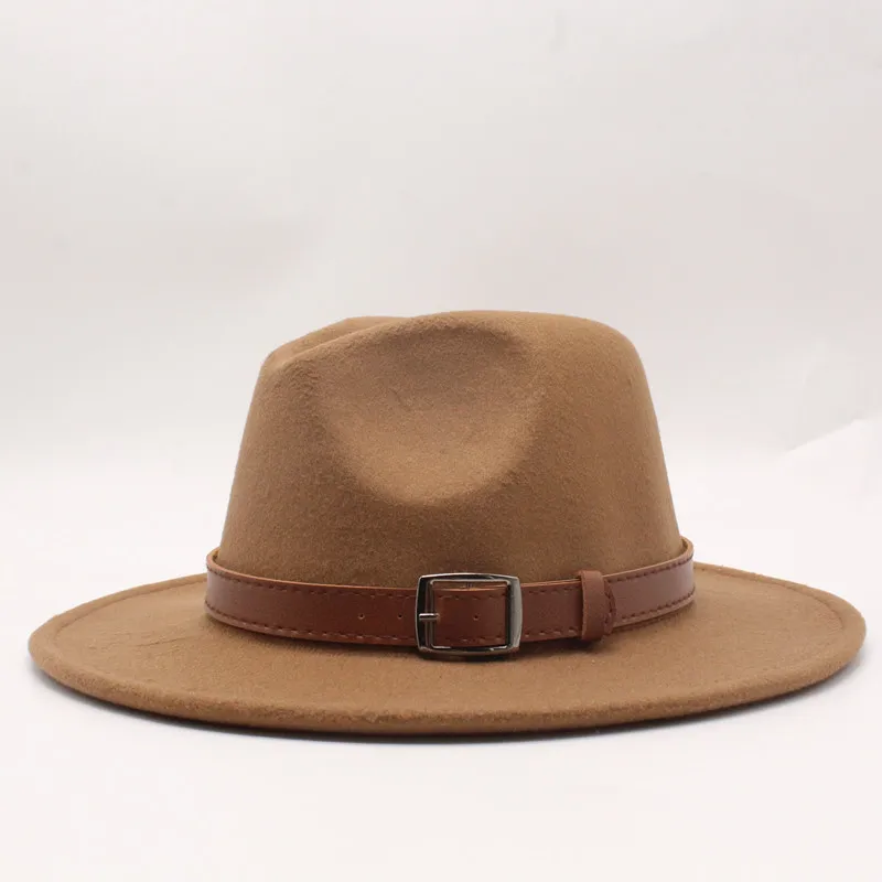 Новинка Зима Осень шерсть для женщин мужчин ремень дамы Fedoras Топ джаз шляпа Европейский Американский круглые шапки котелок шапки