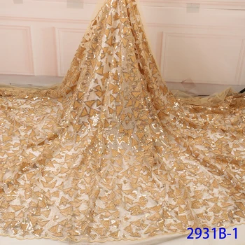 

Gold Color African Lace Fabric 2018 High Quality French Velvet Lace Fabric With Sequins Lace Fabric For Wedding Party QF2931B-1