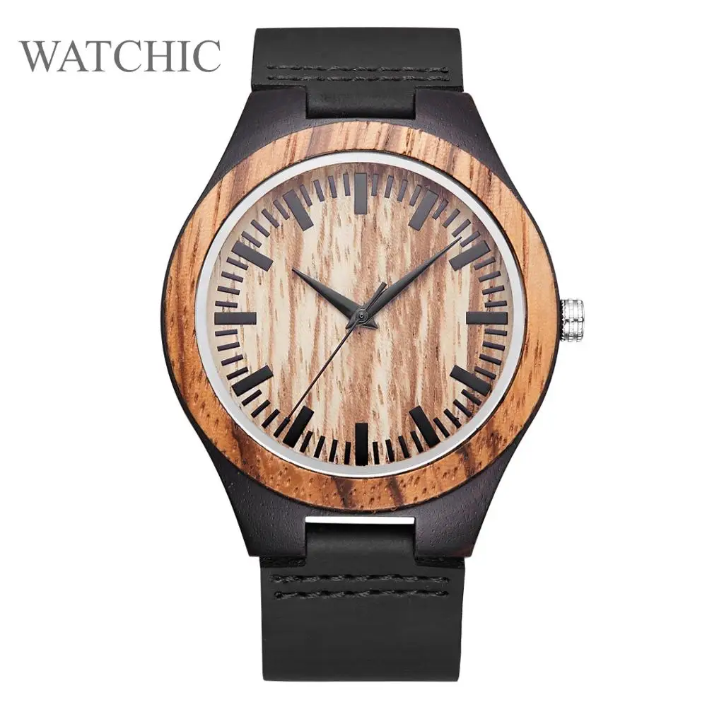 Minimal ZEBRAWOOD naturalist Watch men black Leather Strap Quartz ZEBRA REAL sandal wood Watches Wristwatch Relogios hombres | Наручные