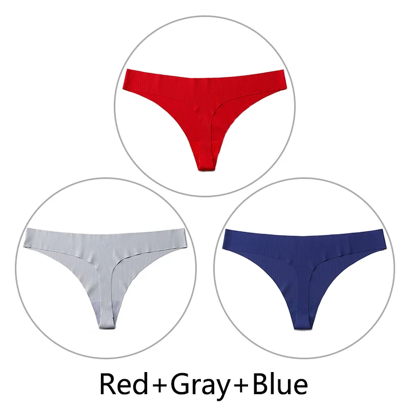 Red Gray Blue 3 шт./партия, стринги в полоску и стринги, сексуальные бесшовные трусики, нижнее белье, цельное нижнее белье с низкой посадкой, однотонные XS-L, большие размеры США - Цвет: Red Gray Blue