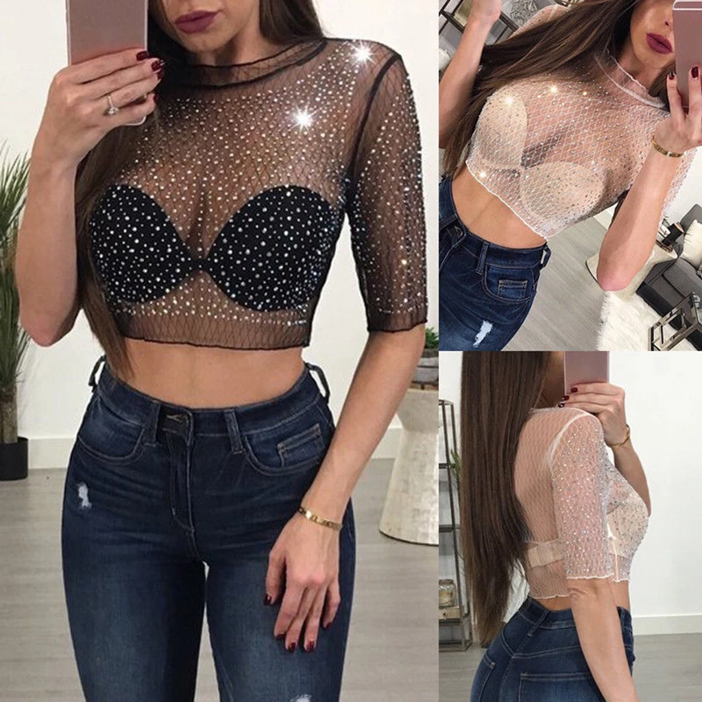 Women Girls Hollow Out Short Sleeve Shiny Rhinestones Sheer Mesh Crop Tops Blouse
