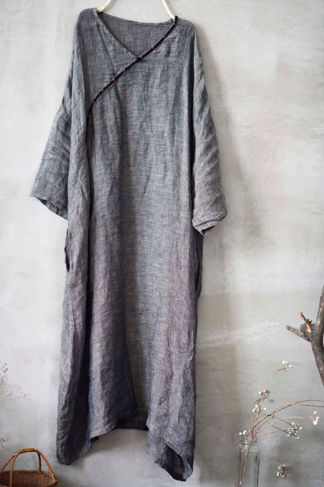 Осеннее женское платье хлопковое белье сплошной цвет v-образный вырез с длинным рукавом женское платье свободное повседневное женское платье YoYiKamomo