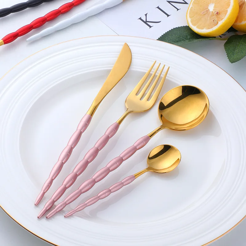 Pink gold ZUCZUG24pcs зеркало золотого цвета Посуда роскошный набор из нержавеющей стали столовые приборы посуда набор сервис яркий ложка Western Посуда - Цвет: Pink gold