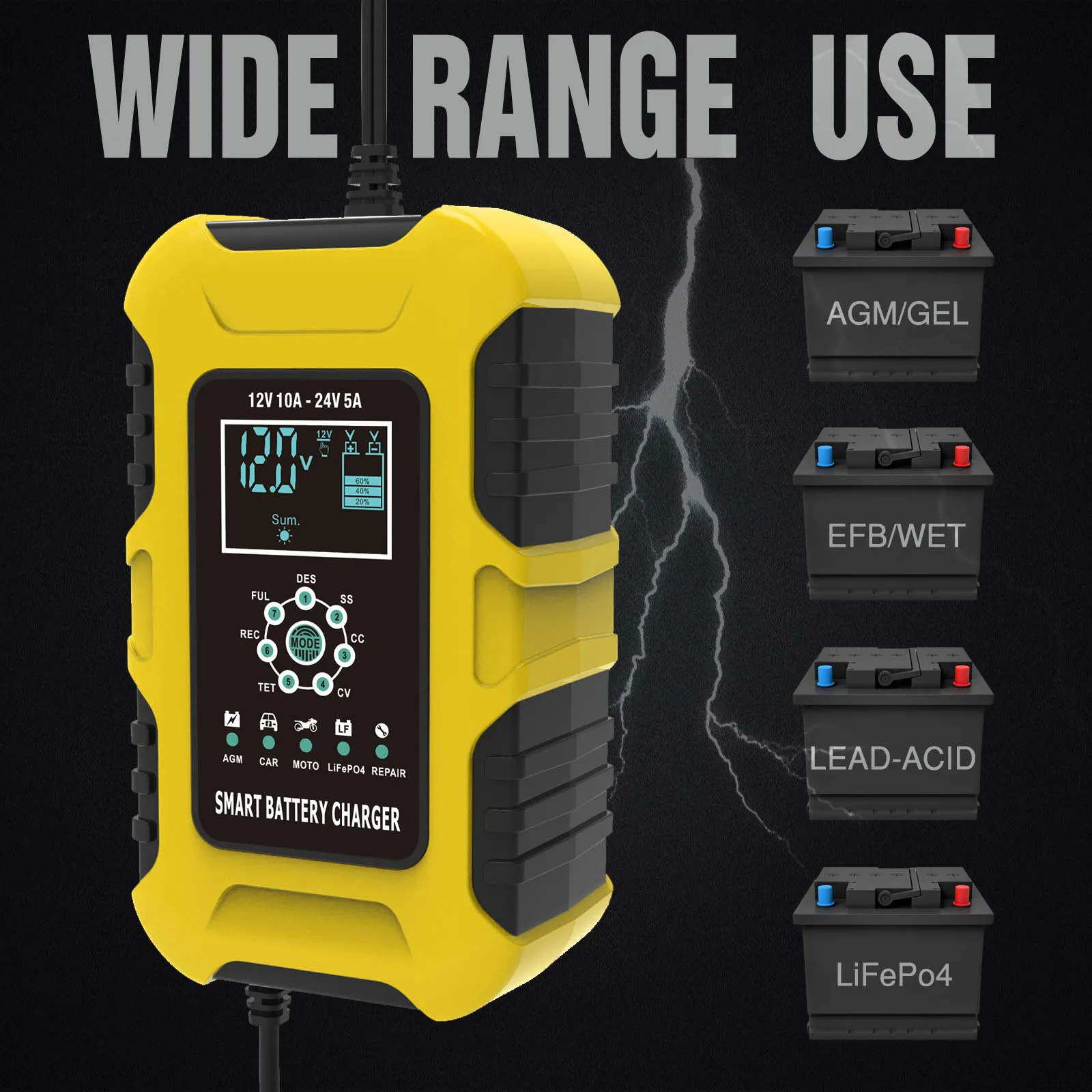 Fully Automatic Car Battery Charger 12V 10A 24V 5A Smart Fast Charging for AGM GEL WET 7-stage Lead Acid Battery Charger