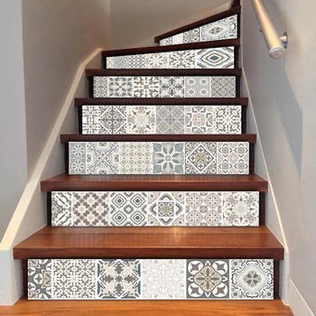 

6pcs Wall Stairs Stickers 3D Ceramic Tile Self Adhesive Removable PVC Stairway Decor Stickers DIY Home Decoration Grey