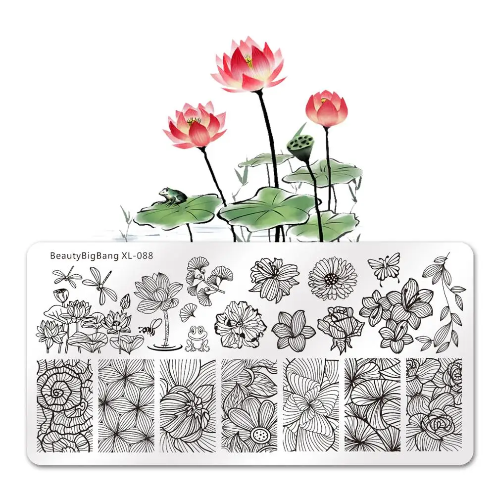 

BEAUTYBIGBANG Nail Art Stamping Plates RectangleTemplate Lotus Line Flower Butterfly Manicure Image Plate DIY Nail Painting