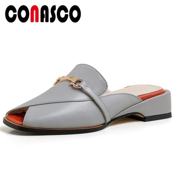 

CONASCO 2020 Summer Fashion Concise Casual Women Genuine Leather Sandals Pumps Slippers Metal Decoration Peep Toe Shoes Woman