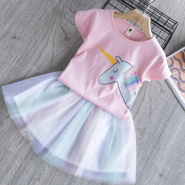 Jargazol Summer Cute Little Girls Clothing Set Unicorn Lace Shirt Rainbow Sequins Mesh Skirt Fashion Kids Clothes Korean Outfits Clothing Sets Aliexpress