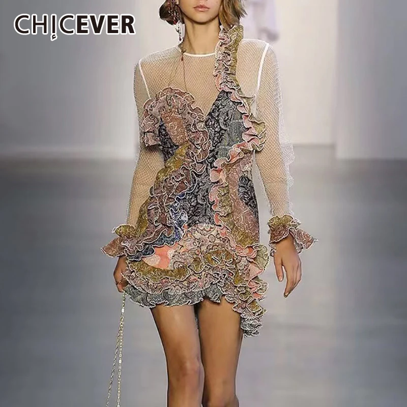 

CHICEVER Vintage Print Ruffles Patchwork Asymmetrical Dress Women O Neck Flare Sleeve High Waist Perspective Female Dresses New