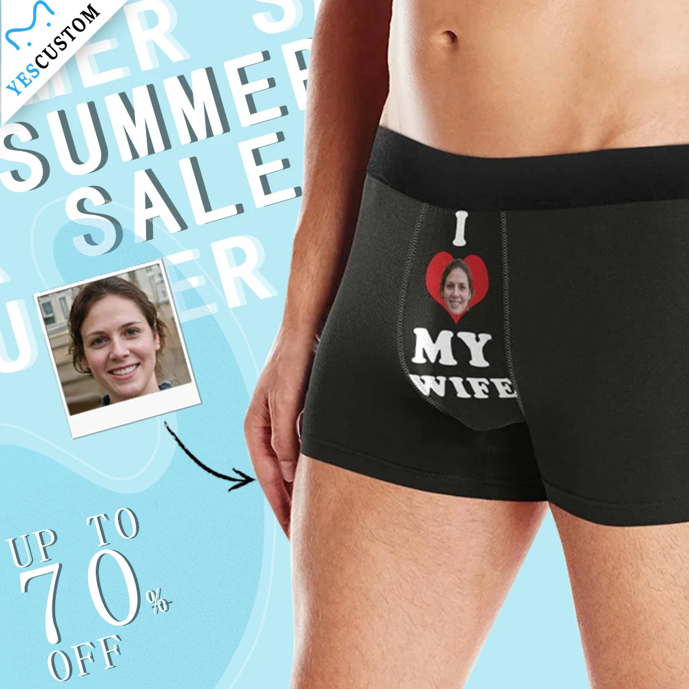 M Yescustom Custom Face Men's Print Boxer Personalize Photo Briefs Valentines Day Wedding Husband Gift Cotton Casual Underwear | Мужская