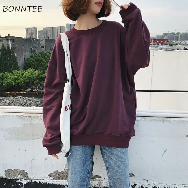 

Hoodies Women O-Neck Solid Loose Harajuku Soft Ladies Korean Style Trendy Students Simple Thin Hoodie Casual BF Daily Womens New
