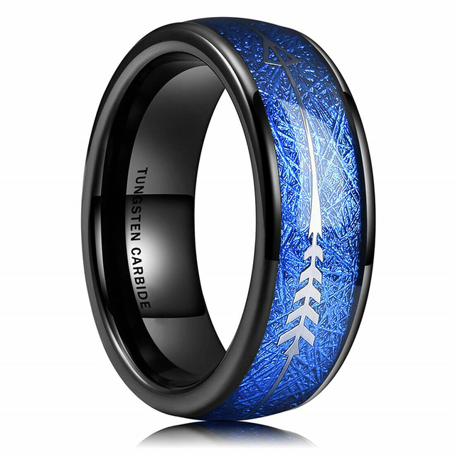 Men Thin Blue Line Black Stainless steel Ring Koa Wood And Abalone Shell Inlay Red Meteorite Ring Arrow Men Wedding Band