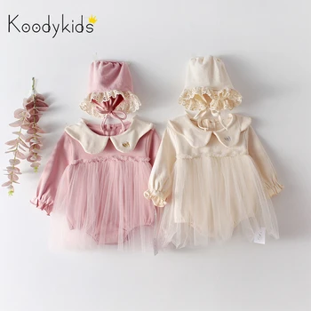 

Koodykids Spring Autumn Baby Girl Bodysuits Sleeve Triangle Dress Romper With Hat Creeper Little Girls Pink Dress Clothing