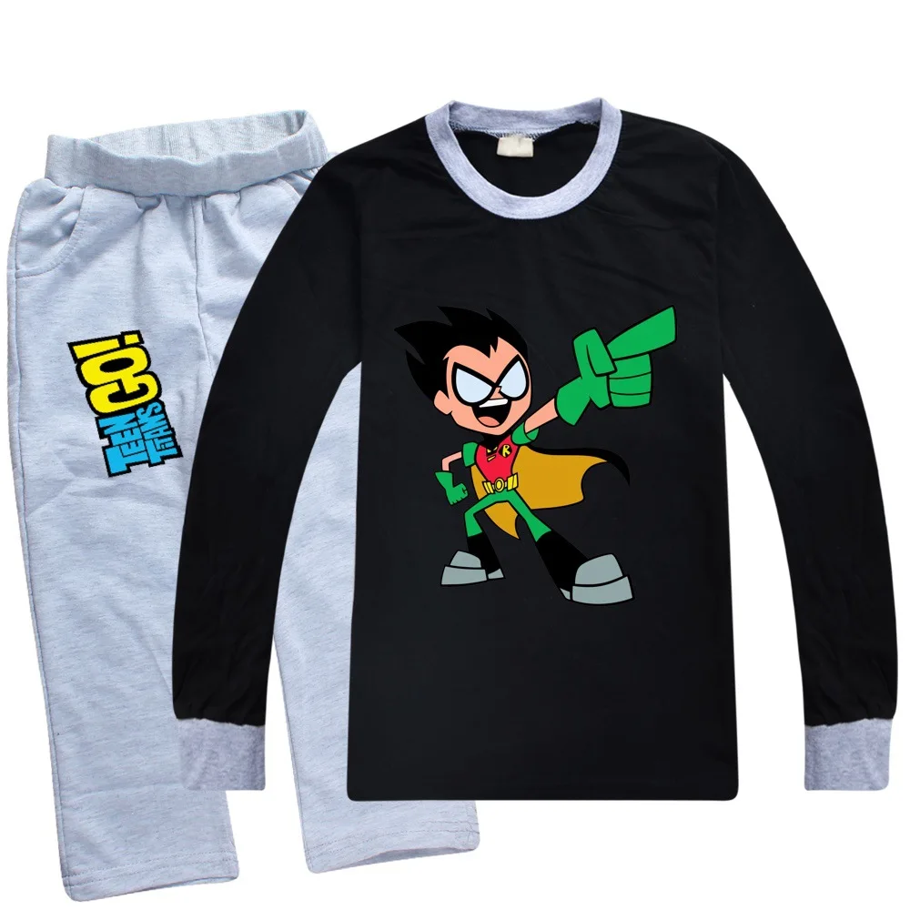 Комплект модной осенней одежды для мальчиков «Teen Titans GO» комплект из 2 предметов, черная футболка+ штаны спортивный костюм для мальчиков одежда для отдыха, TF086