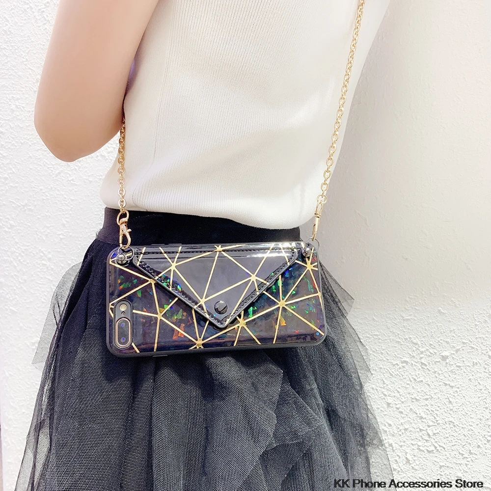 Black Long Chain Блестящая сумка на плечо чехол для телефона iPhone XS Max XR X 10 6 7 8 Crossbbody откидная кожаная задняя крышка для iPhone 6 6s 7 8 Plus чехол - Цвет: Black Long Chain