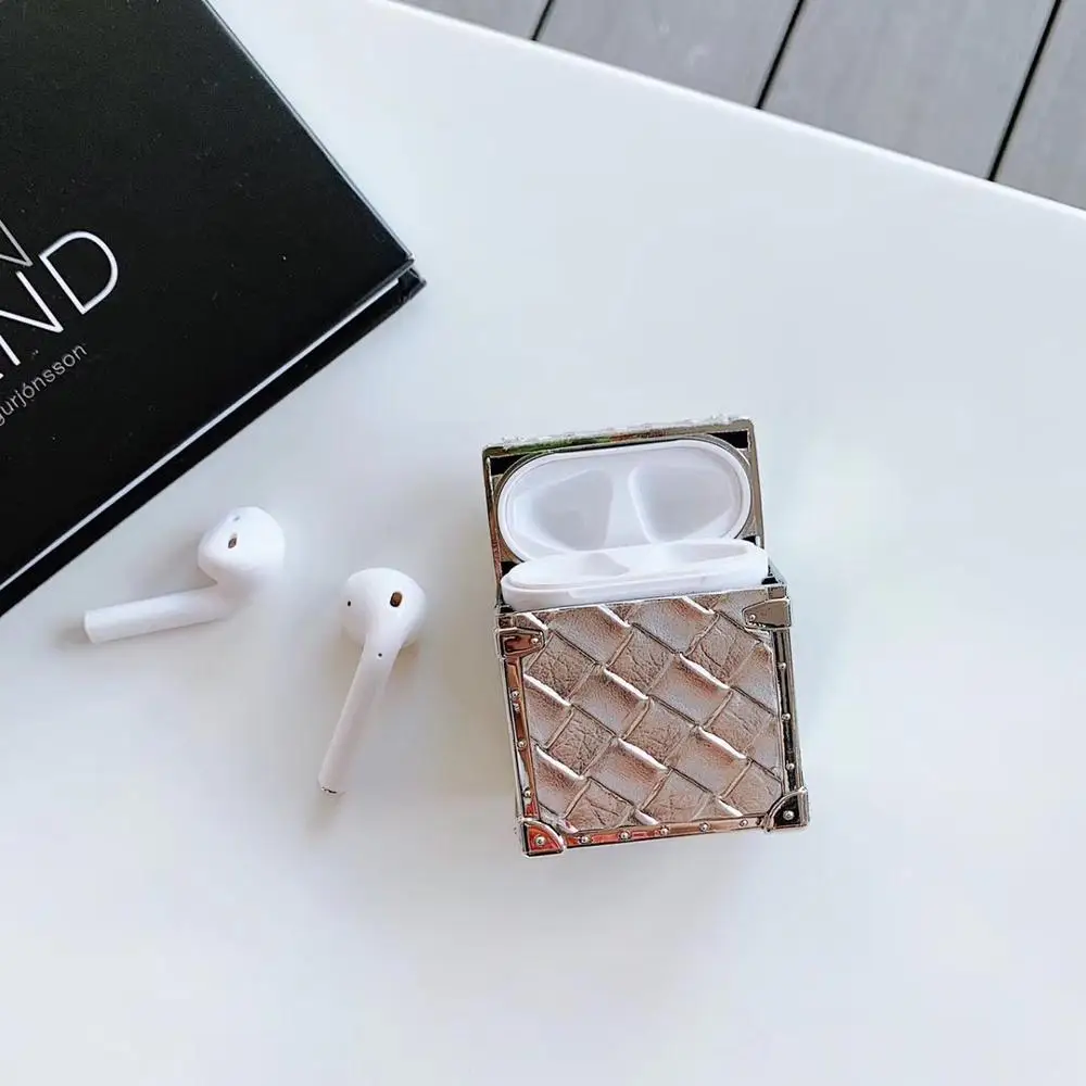 Металлическая Рамка плетение узор Bluetooth беспроводная гарнитура Набор Мягкий чехол для гарнитура для airpods защитный противоударный чехол Роскошный бренд - Цвет: Серебристый