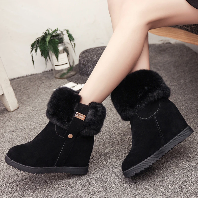 New Wedge Heels Winter Boots Women Warm Fur Boots Black Snow Boots Fashion Ankle Boots Women Shoes Brand Suede Boots