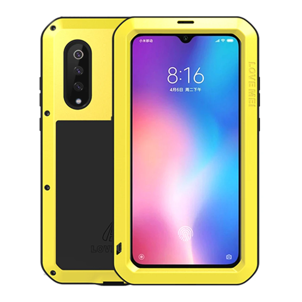 Чехол LOVE MEI для Xiaomi Mi9 Mi8, сверхмощный ударопрочный пылезащитный открытый спортивный металлический резервуар Броня крышка с закаленным стеклом - Цвет: Цвет: желтый