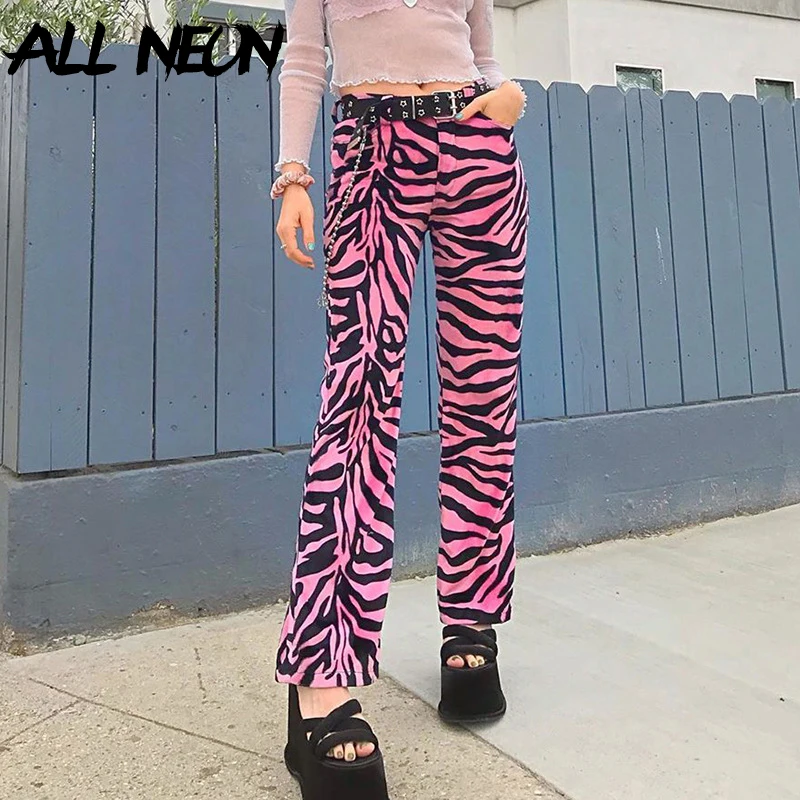 

ALLNeon Y2k Aesthetics Pink Zebra Printing Long Pants E-girl Punk Style Mid-waist Loosed Straight Pant 90s Streetwear Trousers