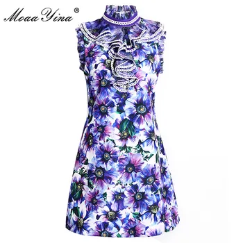 

MoaaYina Fashion Designer dress Summer Women's Dress Stand Collar Patchwork Ruffles Floral Print Elegant Short Dresses
