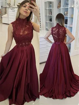 

Burgundy Evening Dresses Long Lace Appliques Beaded High Neck A-Line Satin 2020 Prom Dress Formal Gowns Robe de soiree Cheap