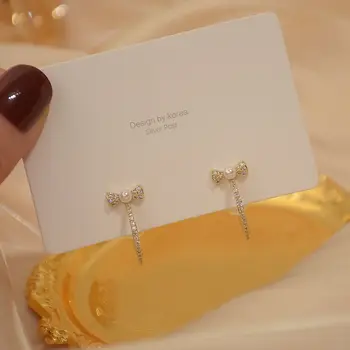 

14k Real Gold Plated Fashion Jewelery Crystal Pearl Bowknot C-shaped Exquisite Earrings for Woman Holiday Party Elegant Earring