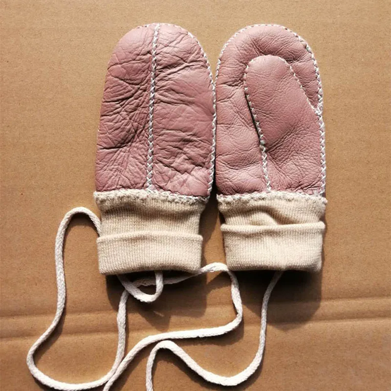Dilidala уличные теплые зимние детские перчатки из овчины относится даже к студентам детям шнурок висящий на шее овечья шерсть - Цвет: Pink