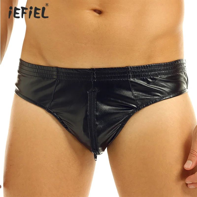 

iEFiEL Gay Mens Soft Faux Leather Sissy Panties Sexy Lingerie Zipper Open Crotch High Cut Low Rise Mini Briefs Underwear Panties