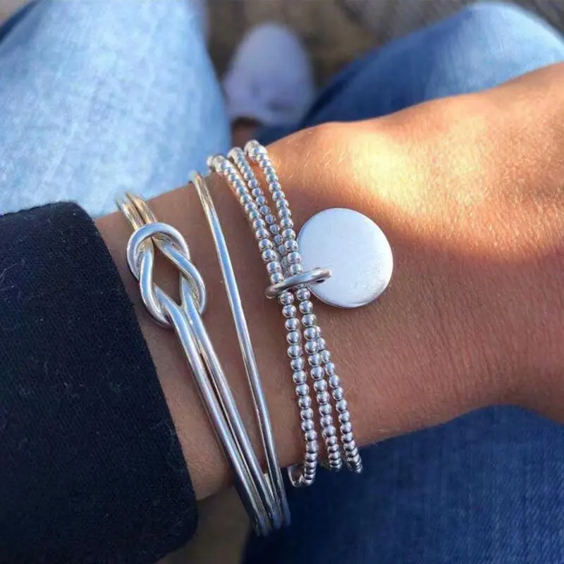 

2019 Fashion Simple Bracelet 3/Sets Charm Silver Round Tags Charm Circle Beads Chain Bracelet Bangle Jewelry for Women Men Gift