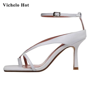 

Vichelo Hot large size full grain leather square toe flip-flop stiletto high heels young lady nightclub mature sandals women L63