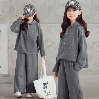 

Fashion Girls Clothing Set Cotton Children Solid Color Sport Suits Hooded Sweatshirts&loose Pants Autumn Tracksuit for Teenage