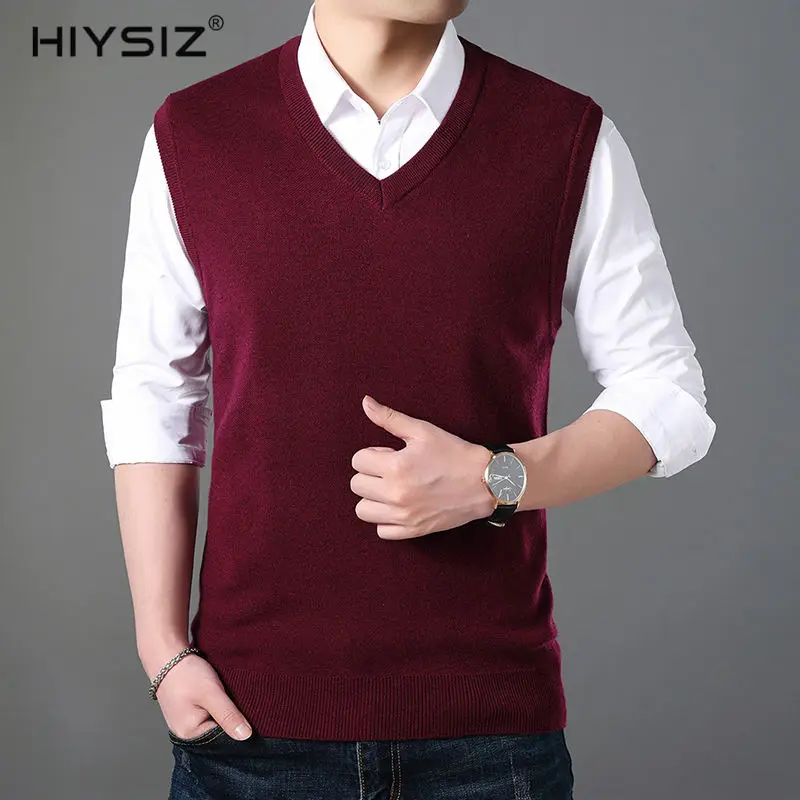 HIYSIZ жилет свитер мужской с v-образным вырезом на каждый день без рукавов уличная мода бренд стиль осень зима пуловер мужской жилет SW030 - Цвет: Красный