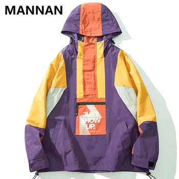 

MANNAN Front Zipper Pocket Color Block Pullover Half Zip Windbreaker Hooded Jackets 2019 Mens Hip Hop Streetwear Outwear Coats