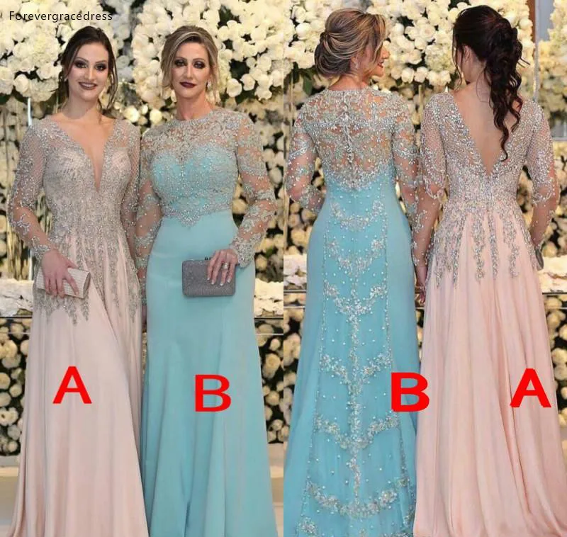 2019 Kralen Moeder van de Bruid Jurken Sheer Lange Mouwen Formele Godmother Avond Wedding Party Gasten Gown Plus Size 2019 Kralen Moeder van de Bruid Jurken Sheer Lange Mouwen Formele Godmother Avond Wedding Party Gasten Gown Plus Size