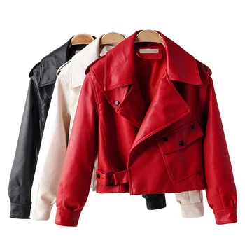 

New Autumn Women Faux Leather Jacket Pu Motorcycle Biker Red Coat Turndown Collar Loose Streetwear Black Punk Outerwear