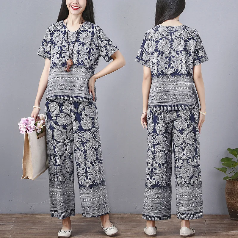 

2019 Summer Ethnic-Style Cotton Linen Printed Short-sleeved Top Loose Pants WOMEN'S Suit