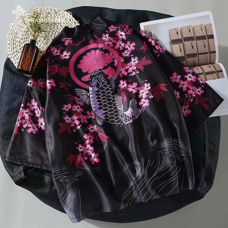 Женский кардиган Харадзюку, японское кимоно, летняя Свободная рубашка с принтом карпа, топы, повседневные женские и мужские кимоно, пальто, парные кимоно юката - Цвет: as picture-15.79