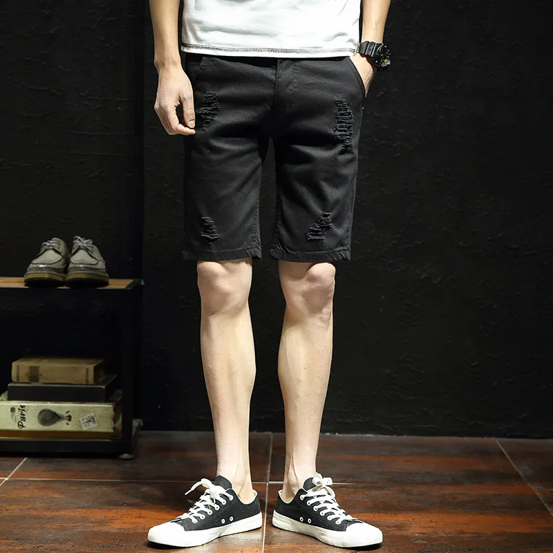 Летние мужские джинсовые шорты с дырками черного и белого цвета, большие размеры, модные однотонные джинсовые шорты из хлопка, Азиатский размер 28-55