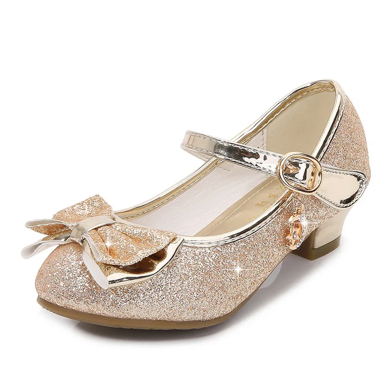 Girls Princess Shoes Butterfly Knot High-Heel Shiny Crystal Shoes Kids Leather Children's Single Birthday Present