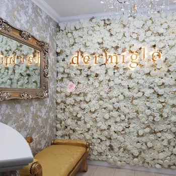 

3D High Quality Artificial Flower Wall And Fake Flowers Runner Use White Rose Golden Leaves For Wedding Background Decoration