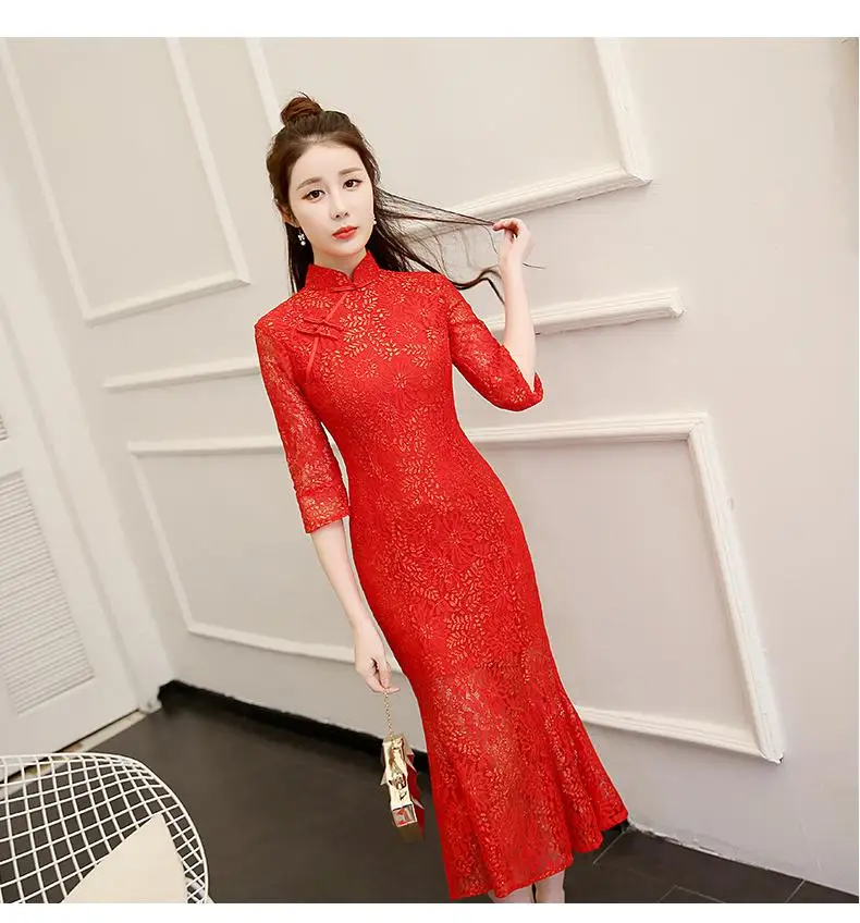 red Красное длинное женское кружевное Qipao тонкое сексуальное китайское свадебное платье с вышивкой элегантное платье Ципао русалки китайское платье чонсам - Цвет: red