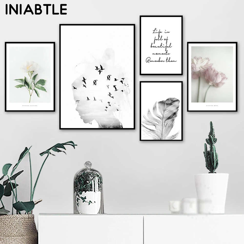 

Girl Bird Flower Feather Landscape Wall Art Quotes Canvas Painting Nordic Posters And Prints Wall Pictures For Living Room Decor