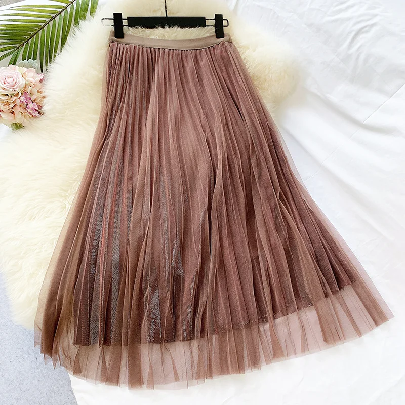 REALEFT Autumn Mesh Bling Bling Party Pleated Long Skirts Patchwork Vintage High Waist Harajuku Tulle Skirts New Purple